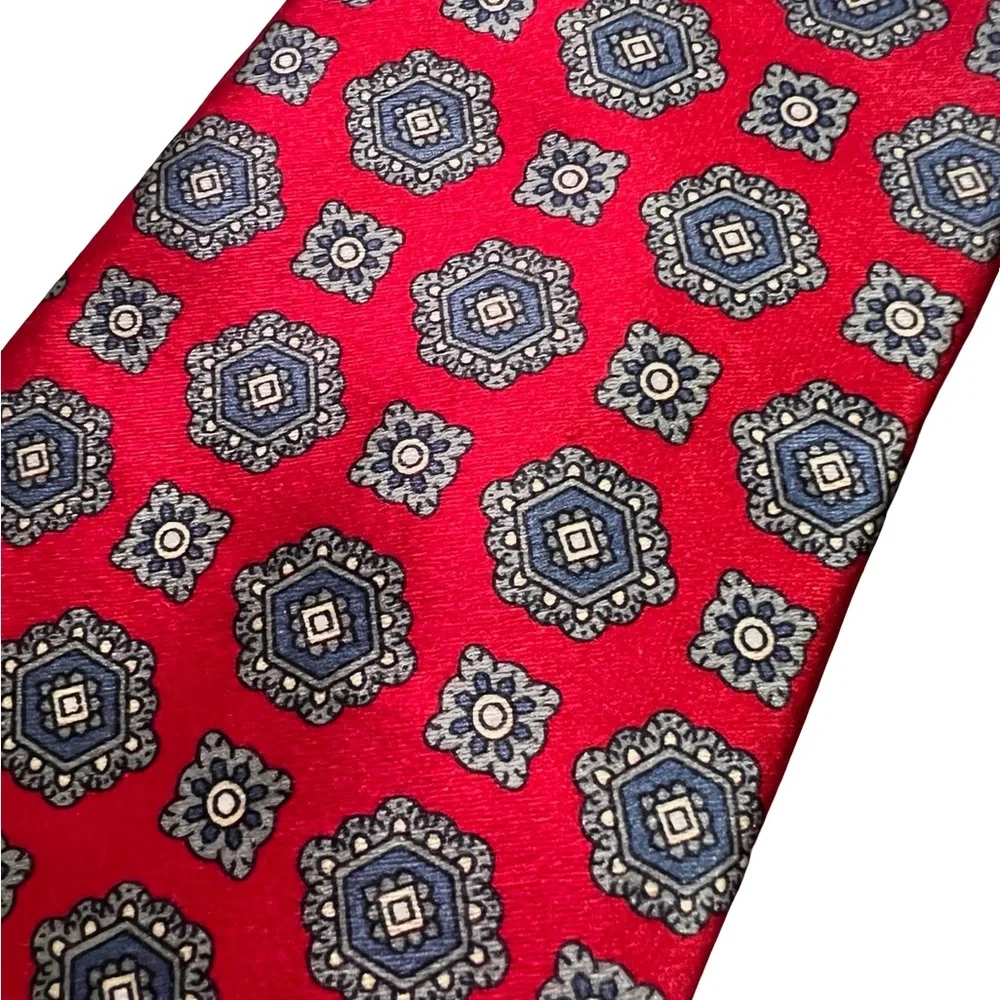 Oscar de la Renta Vintage 100% Silk Red Blue Geometric Pattern Necktie Hand Sewn
